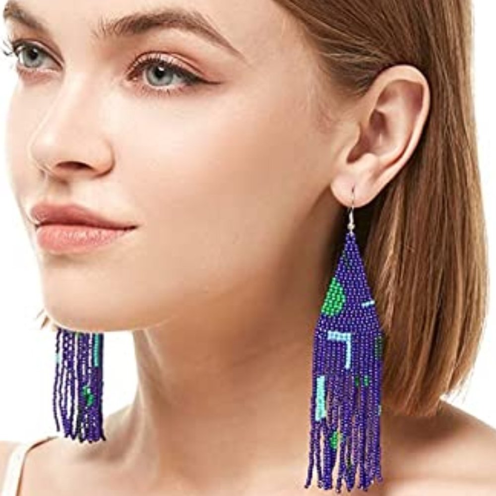 Long 5" Abstract Shapes Navy Blue Handmade Beaded Oversized Bohemian Earrings